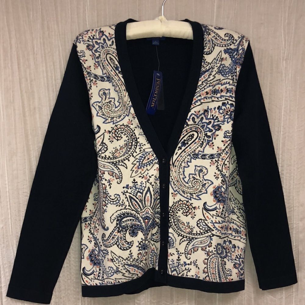 Pendleton LP Navy Blue Black Coral Button Front Paisley Cardigan